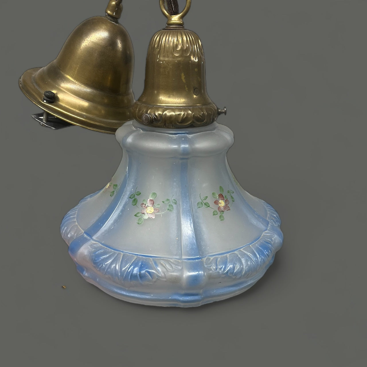 Antique Brass Pendant Light with Hand-Painted Frosted Blue Glass Shade - Rewired
