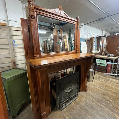 Large Antique Victorian Carved Oak Fireplace Mantel With Mirror