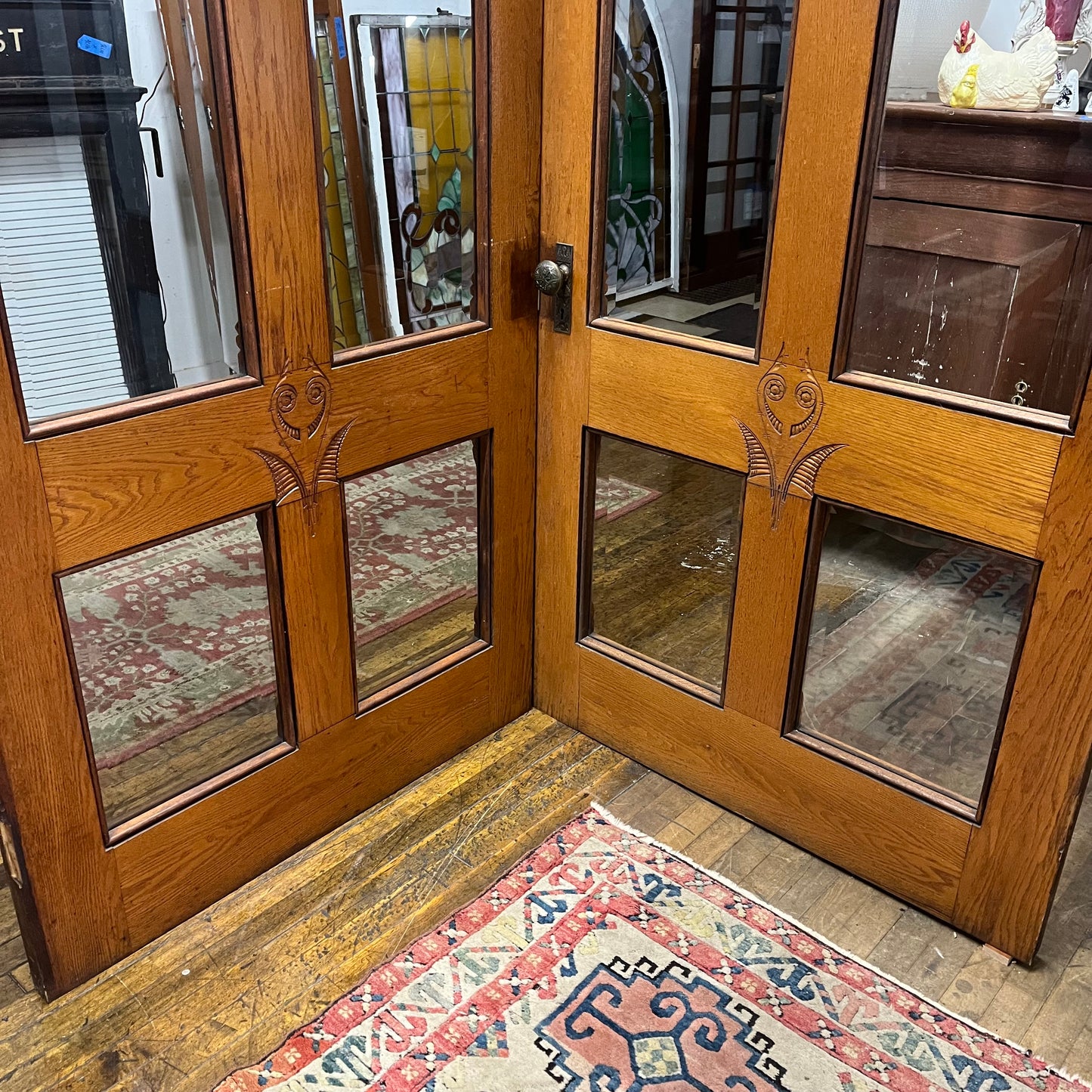 Antique (c. 1858) Victorian Oak French Doors with Thick Beveled Glass