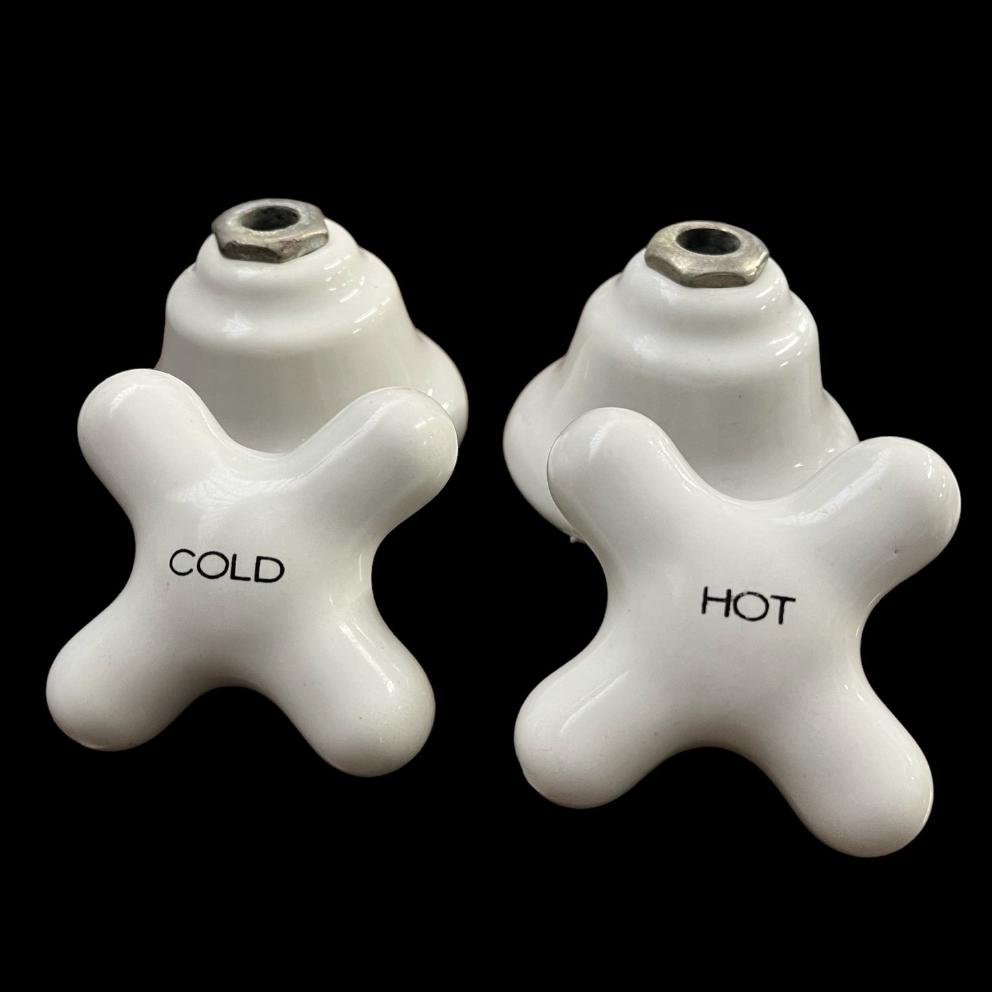 Antique (c. 1920) White Porcelain Hot/Cold Tub/Shower Faucet Knobs With Porcelain Escutcheons