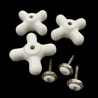 Antique White Porcelain HOT, COLD, WASTE Faucet Knobs