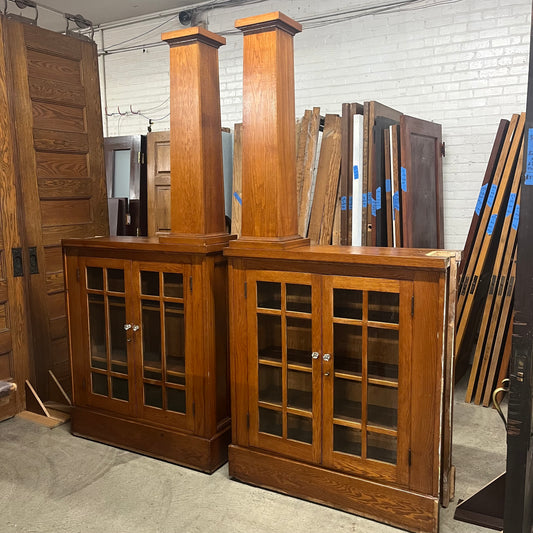 Antique Oak Colonnades with Beveled Glass Cabinets