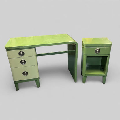 Original Unrestored Simmons c. 1930 American Art Deco Green Enameled Steel Desk and Night Stand