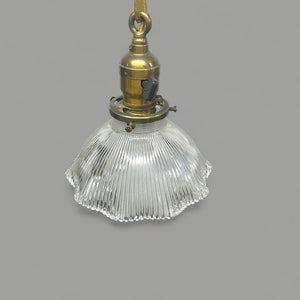 Antique Brass Pendant Light with Ruffled Edge Holophane Glass Shade - Rewired