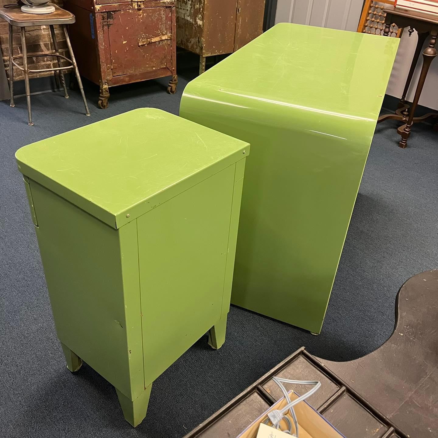 Original Unrestored Simmons c. 1930 American Art Deco Green Enameled Steel Desk and Night Stand