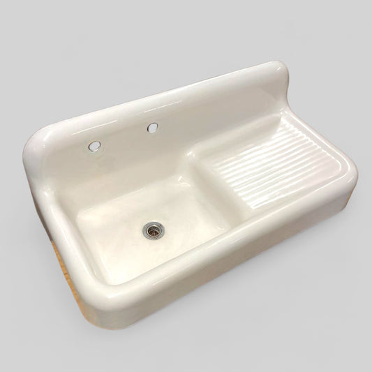 Antique Porcelain Enameled Cast Iron Farm Sink With Side Drain Board