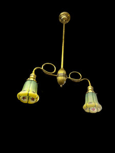 Antique Victorian Brass Light With Reversed Painted Glass Globes
