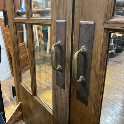 Pair of Antique Oak Church Doors With Original Brass Push Bars, Pulls and Hinges