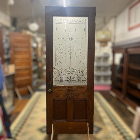 Antique (c. 1858) Victorian Oak Entry Door With Frosted Etched Glass