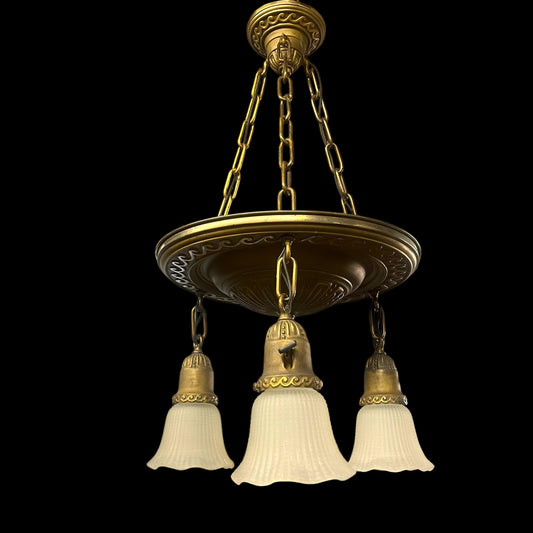 Antique Brass 3-Light Chandelier With Frosted Ribbed Glass Bell Shades - Rewired