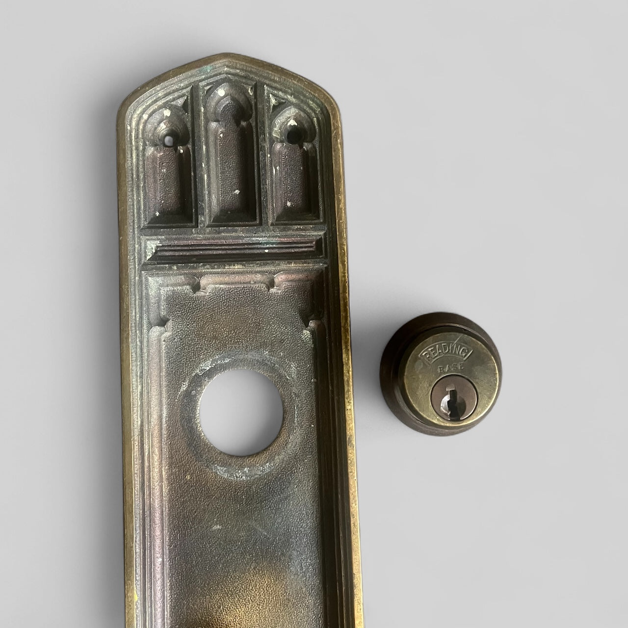Antique Arts & Crafts Style Cast Bronze Exterior Door Plate Escutcheon with Reading Deadbolt