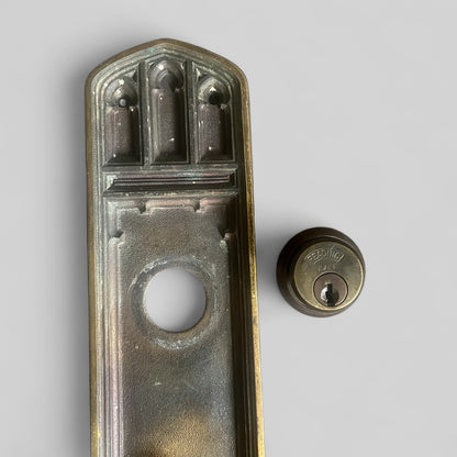 Antique Arts & Crafts Style Cast Bronze Exterior Door Plate Escutcheon with Reading Deadbolt