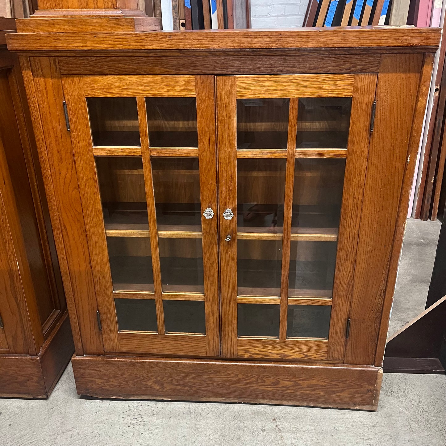 Antique Oak Colonnades with Beveled Glass Cabinets