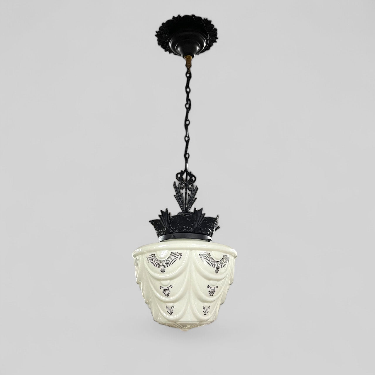 Vintage Art Deco Milk Glass Skyscraper Pendant Light Fixture With Painted Design