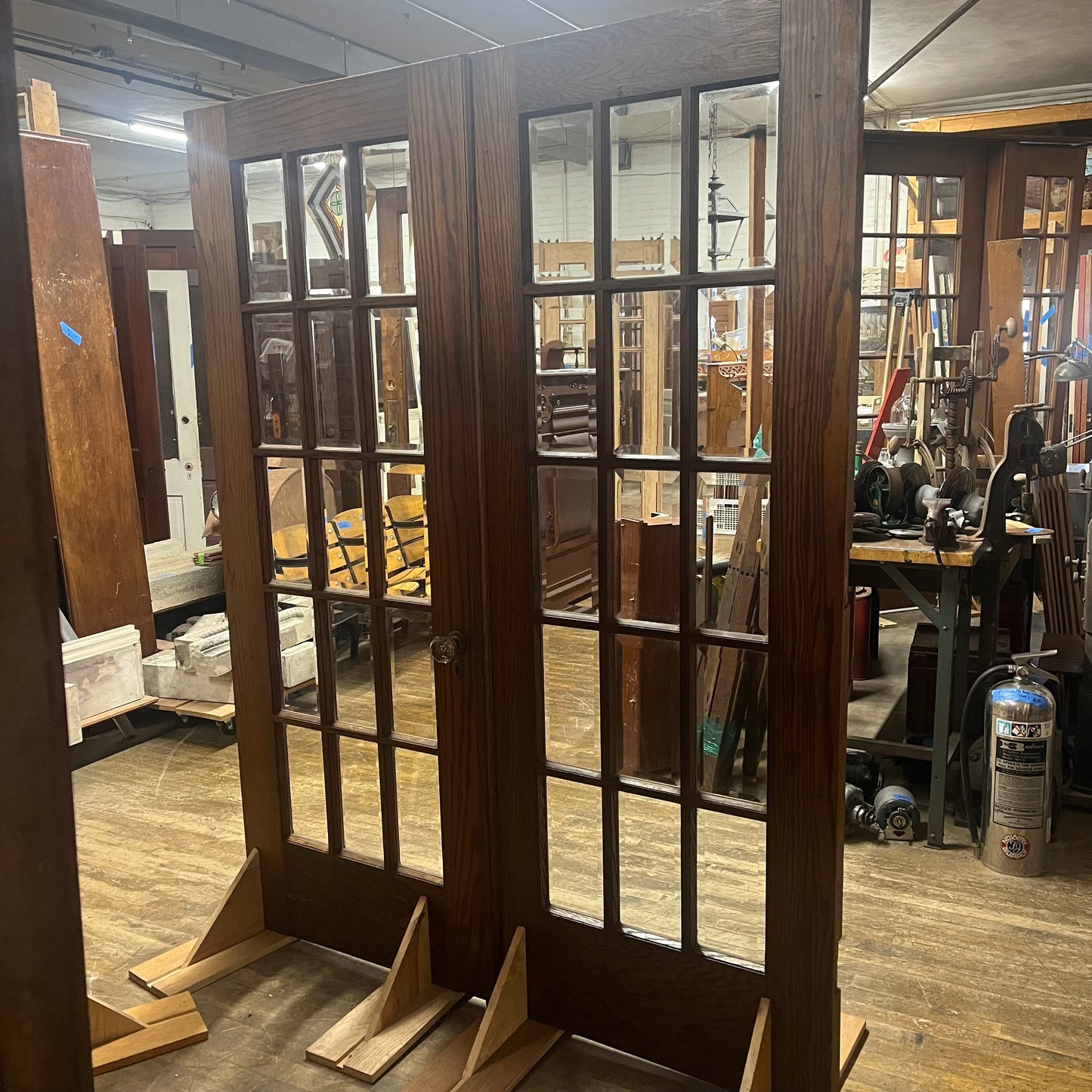 Antique Oak French Doors with 15 Beveled Glass Panes