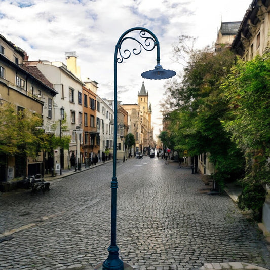 Vintage Cast Iron Street Lamp With Porcelain Enameled Steel Rippled Shade - Rewired