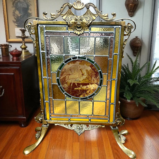 Antique Victorian Fireplace Screen With Stained Glass and Etched Center Piece