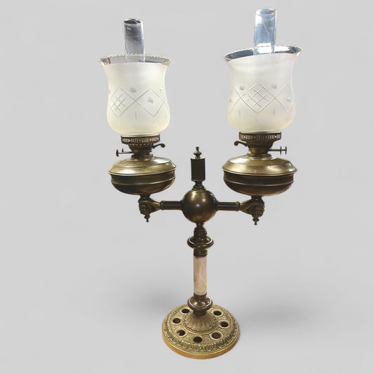 Antique (1890s) Victorian Double Banquet Oil-Burning Brass and Marble lamp