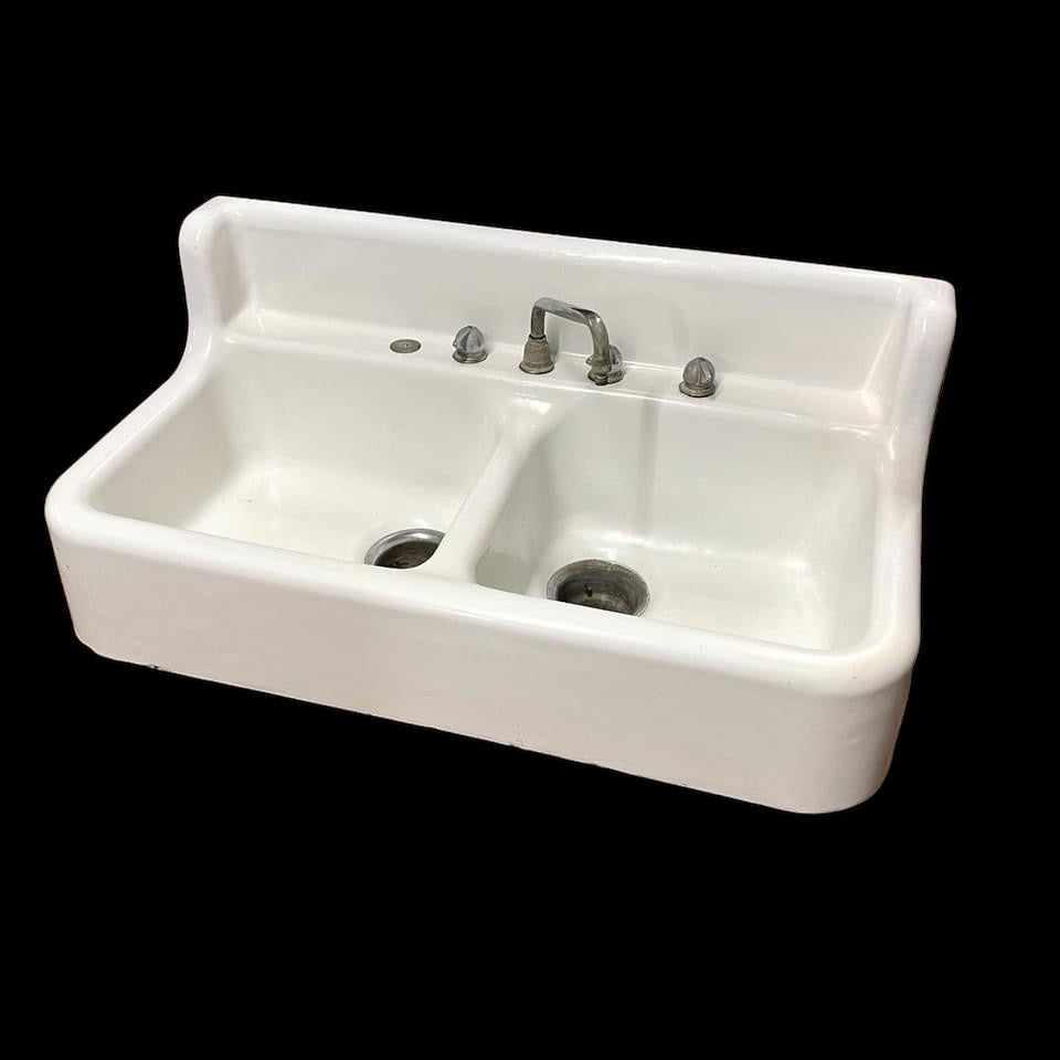 Vintage Kohler Porcelain Enameled Cast Iron Farm Sink with Double Basin and Tall Back