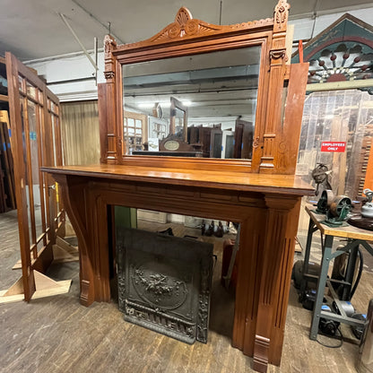 Large Antique Victorian Carved Oak Fireplace Mantel With Mirror