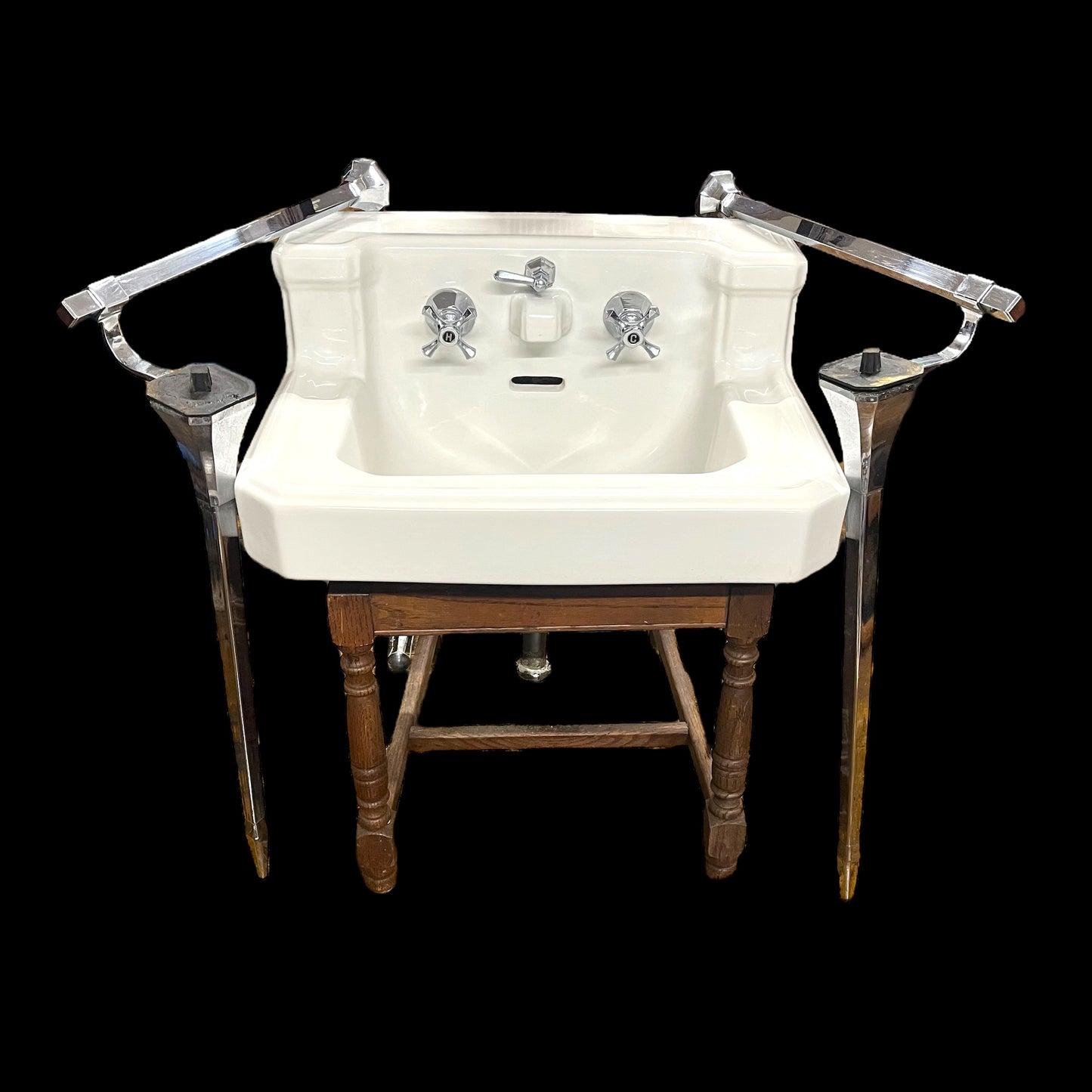 Antique “Standard” White Porcelain Sink with Nickel Plated Brass Legs/Towel Bars