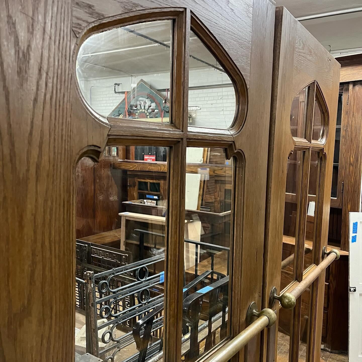 Pair of Antique Oak Church Doors With Original Brass Push Bars, Pulls and Hinges