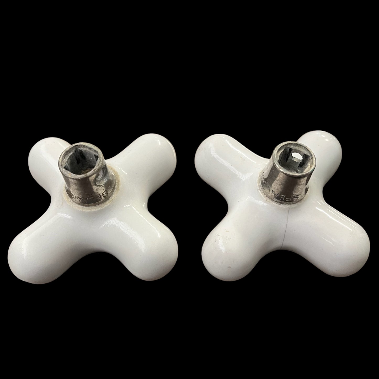 Antique (c. 1920) White Porcelain Hot/Cold Tub/Shower Faucet Knobs With Porcelain Escutcheons