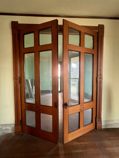 Antique (c. 1858) Victorian Oak French Doors with Thick Beveled Glass