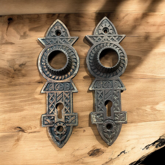 Antique Victorian Eastlake Style Chicago Hardware Co. Niles Steel Escutcheons Pair