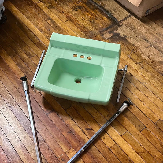 1950s Vintage Mint Green/Jadeite Sink With Chrome Legs and Towel Bars