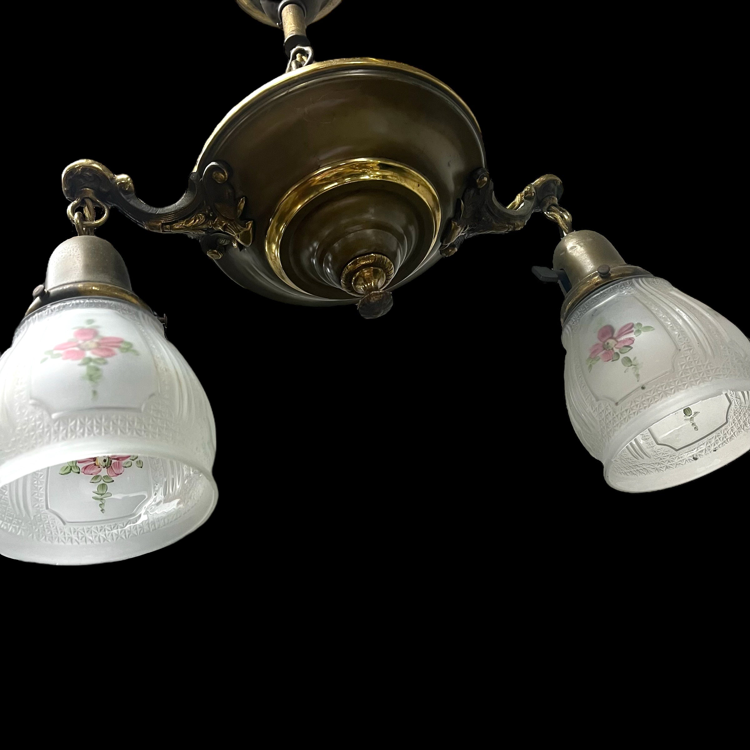 Antique Early 1900s Brass Double Pendant With Hand-Painted Frosted Glass Shades - Rewired