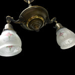 Load image into Gallery viewer, Antique Early 1900s Brass Double Pendant With Hand-Painted Frosted Glass Shades - Rewired
