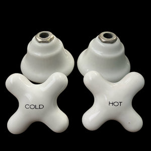 Antique (c. 1920) White Porcelain Hot/Cold Tub/Shower Faucet Knobs With Porcelain Escutcheons