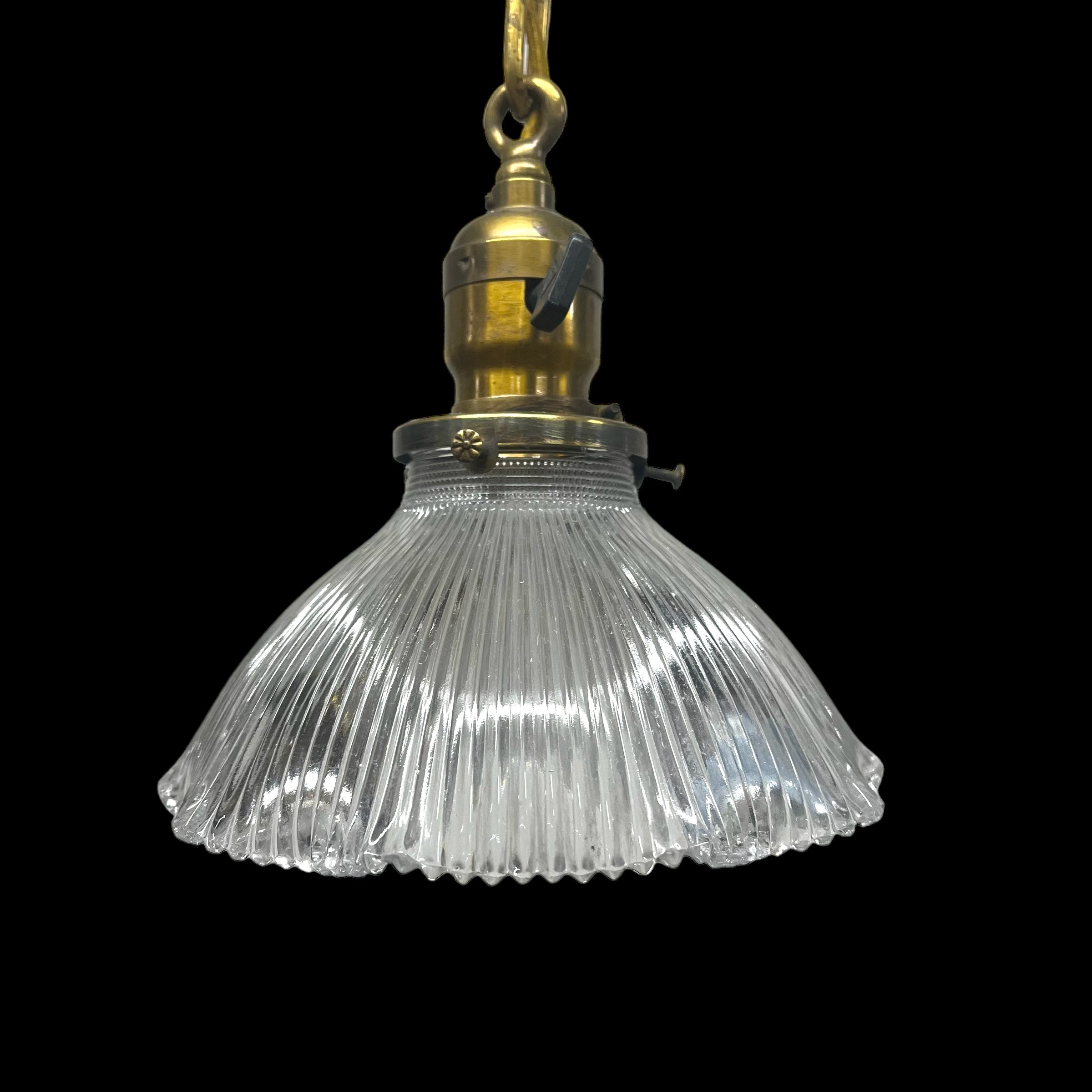 Antique Brass Pendant Light with Ruffled Edge Holophane Glass Shade - Rewired