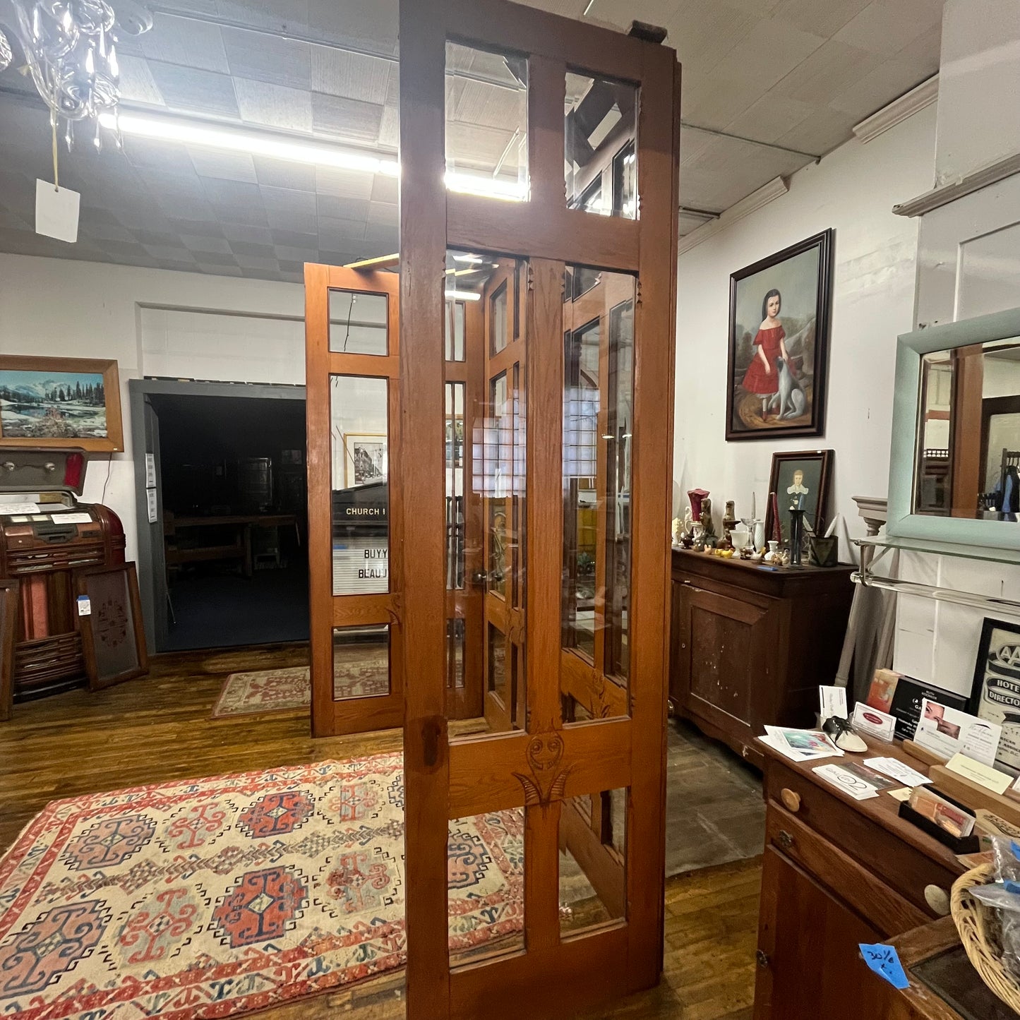 Antique (c. 1858) Victorian Oak French Doors with Thick Beveled Glass