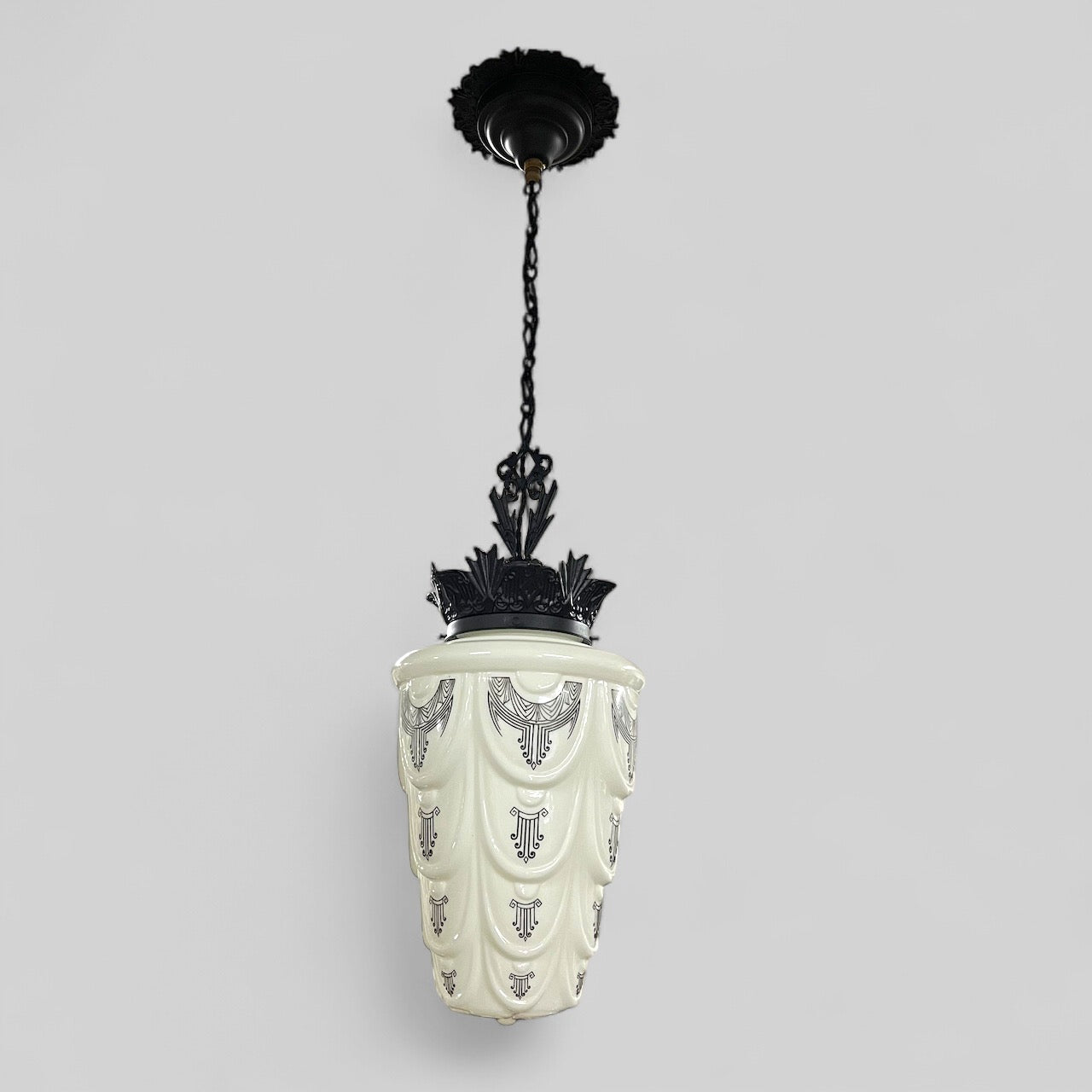 Vintage Art Deco Milk Glass Skyscraper Pendant Light Fixture With Painted Design