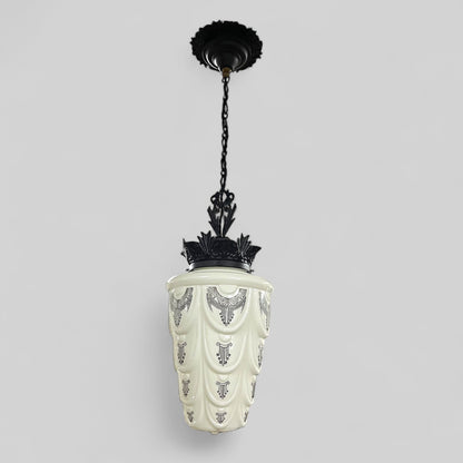 Vintage Art Deco Milk Glass Skyscraper Pendant Light Fixture With Painted Design