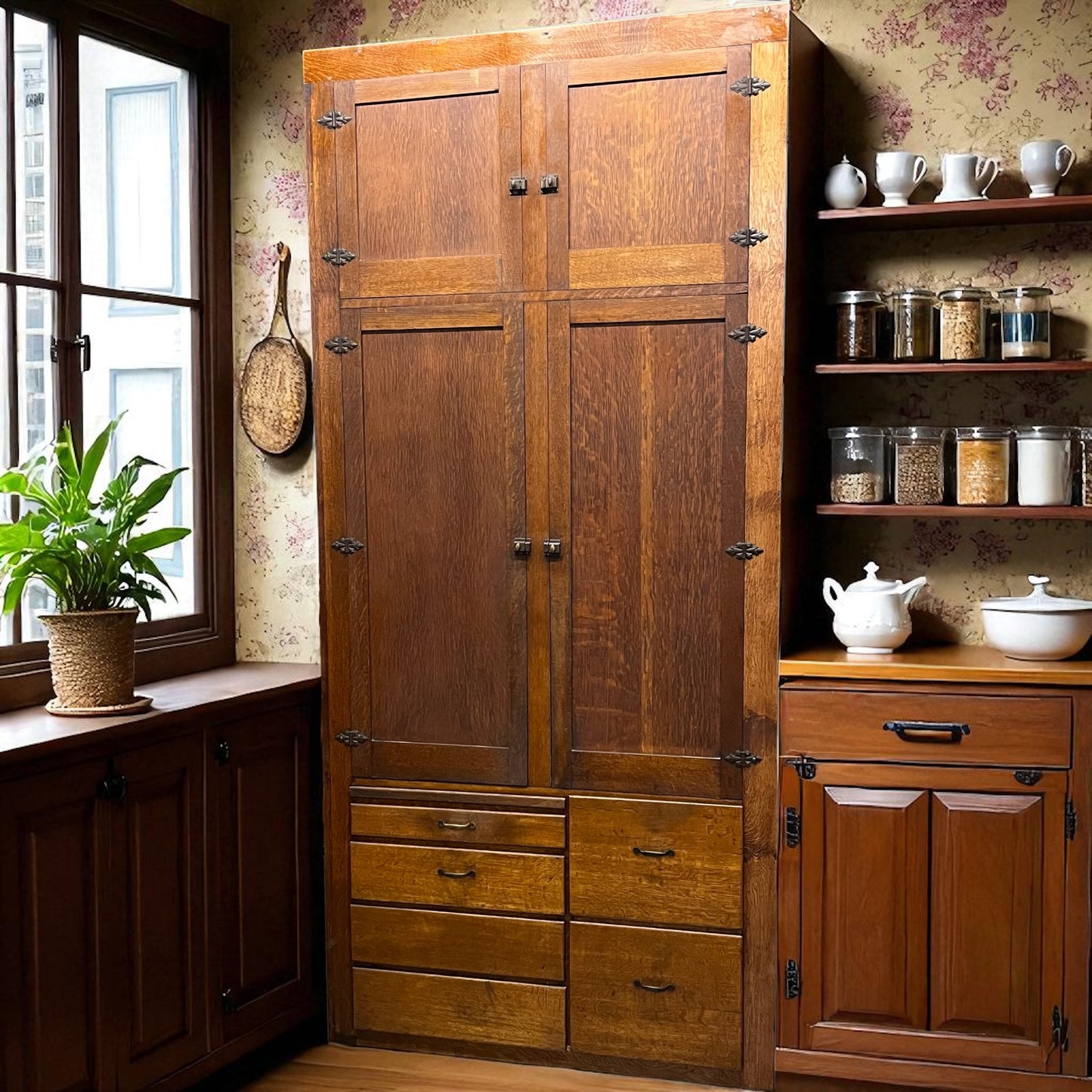 Tall Antique Oak Built-In Pantry
