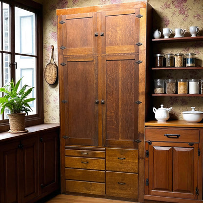 Tall Antique Oak Built-In Pantry