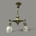 Load image into Gallery viewer, Antique Early 1900s Brass Double Pendant With Hand-Painted Frosted Glass Shades - Rewired

