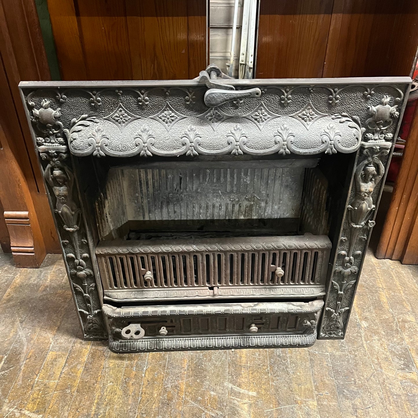 Antique Victorian Cast Iron Fireplace Insert With Summer Cover