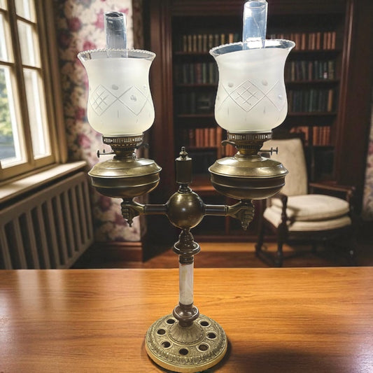 Antique (1890s) Victorian Double Banquet Oil-Burning Brass and Marble lamp
