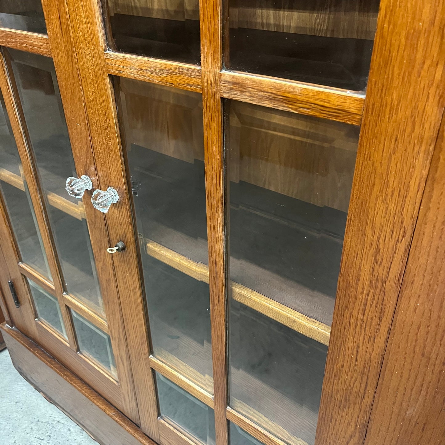 Antique Oak Colonnades with Beveled Glass Cabinets