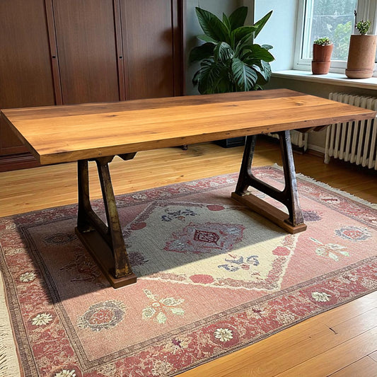 Handcrafted Table Made With Reclaimed Oak Floor Joists and Vintage Industrial Table Legs