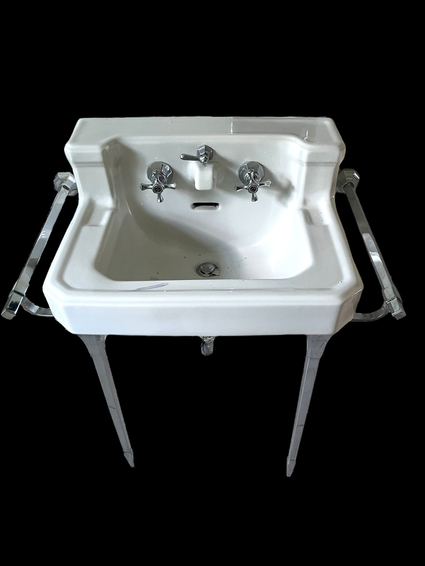 Antique “Standard” White Porcelain Sink with Nickel Plated Brass Legs/Towel Bars