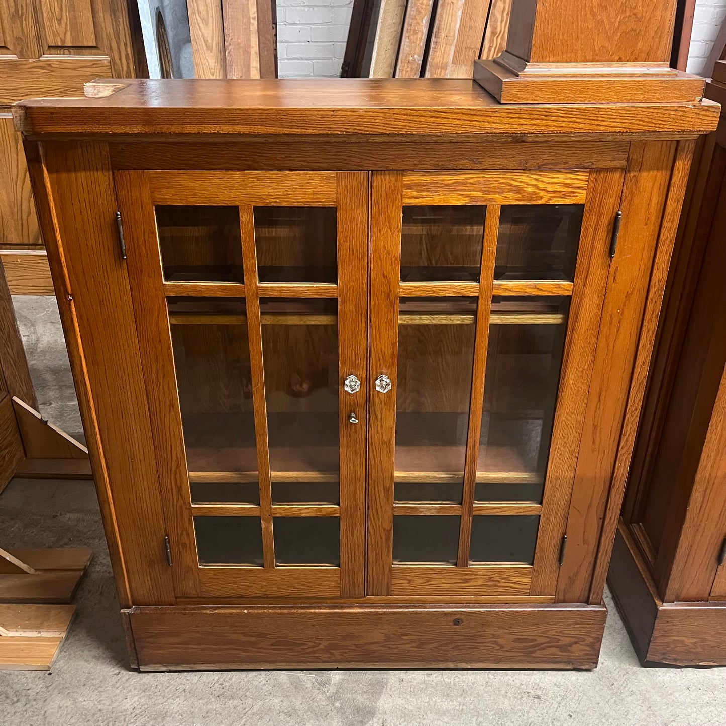 Antique Oak Colonnades with Beveled Glass Cabinets