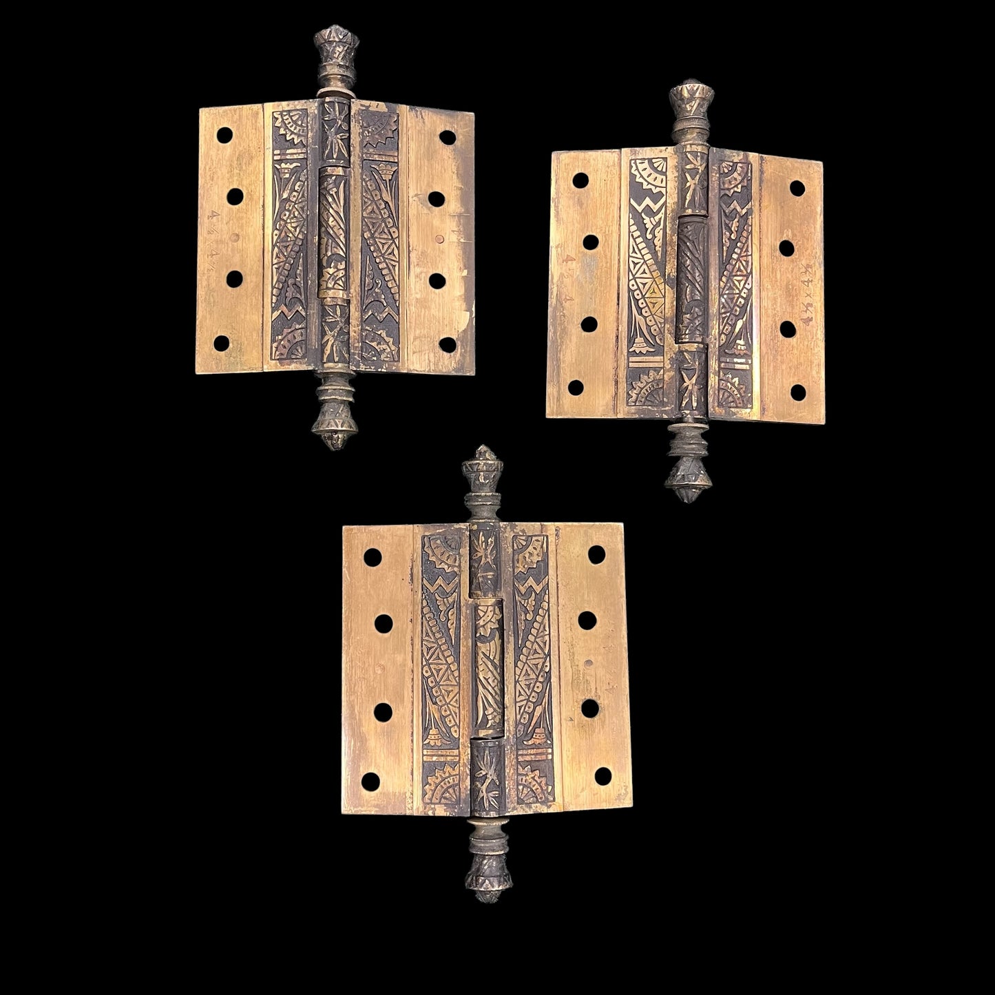 Antique Cast Brass Eastlake Style 4.5” x 4.5” Door Hinges - Set of 3