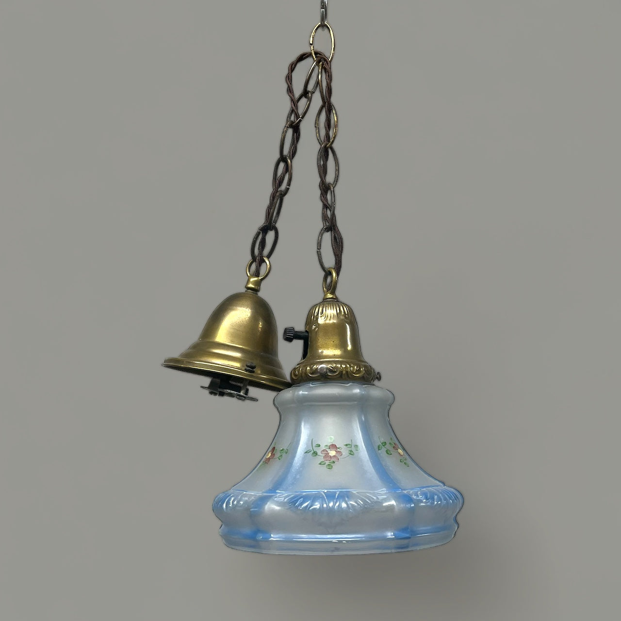 Antique Brass Pendant Light with Hand-Painted Frosted Blue Glass Shade - Rewired