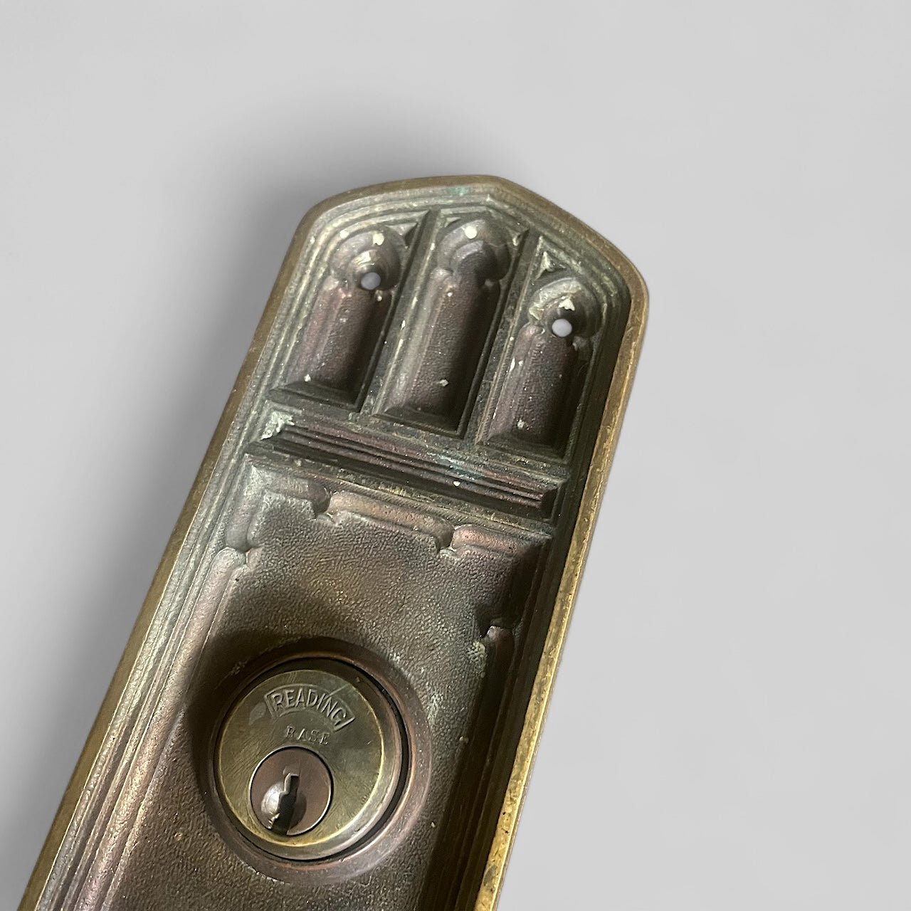 Antique Arts & Crafts Style Cast Bronze Exterior Door Plate Escutcheon with Reading Deadbolt
