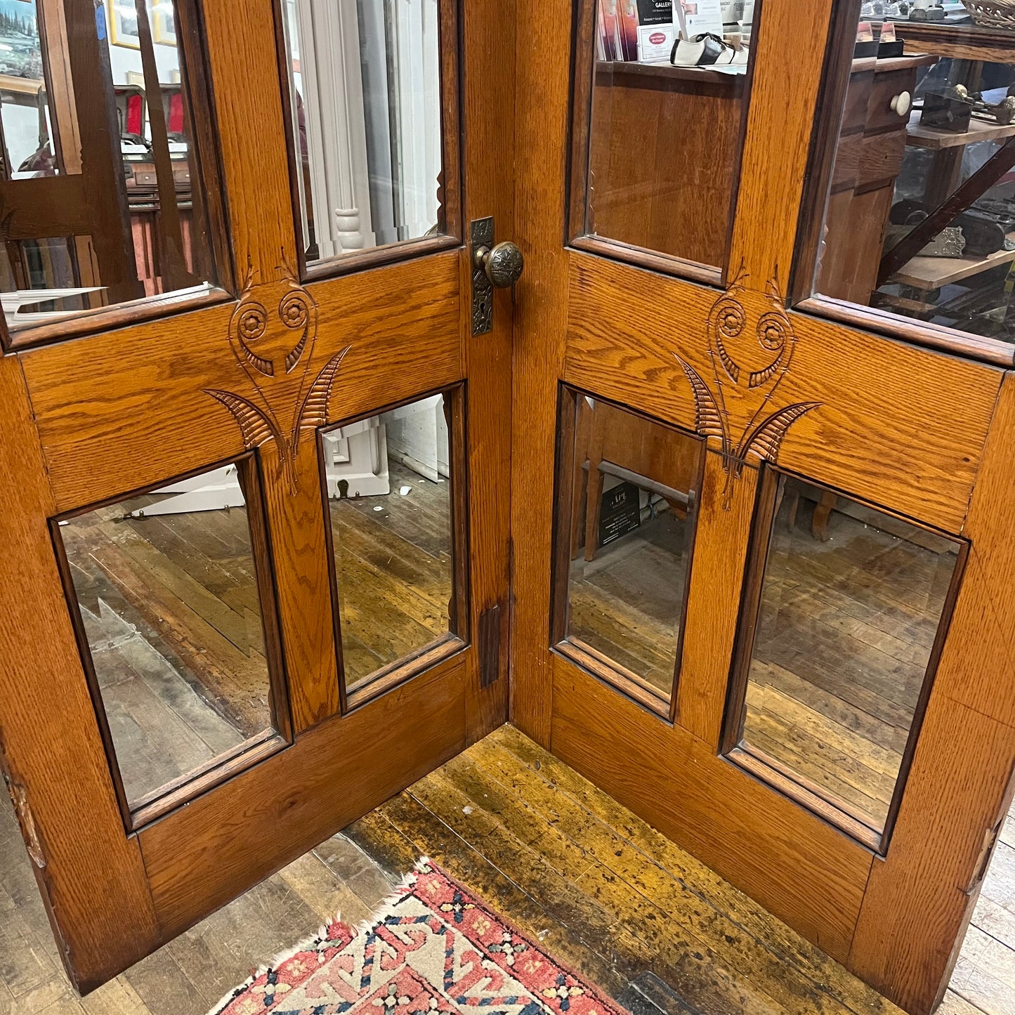 Antique (c. 1858) Victorian Oak French Doors with Thick Beveled Glass